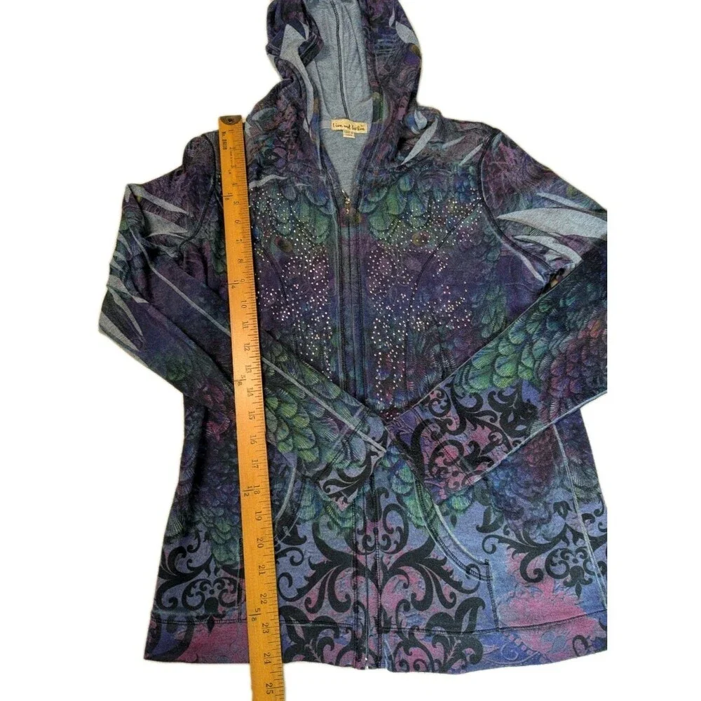 Live and Let Live Peacock Print Rhinestone Zip Up Hoodie Jacket Boho Large - Picture 4 of 14